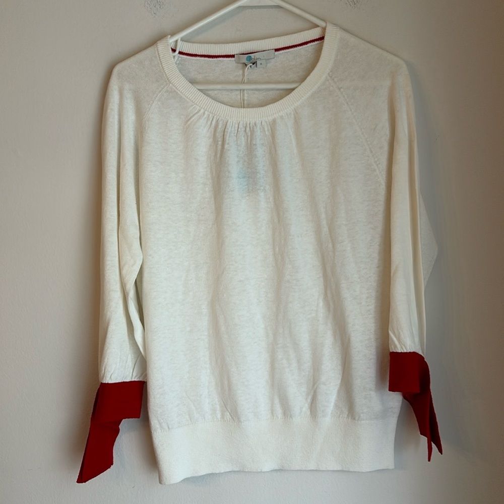 Boden Women Linen Cotton Blend 3/4 Bow Sleeve Crew Neck Sweater Red White M Nwt